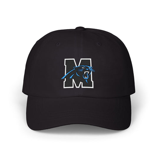 Panther M Logo Dad Cap — Embroidered White Baseball Hat for Fans